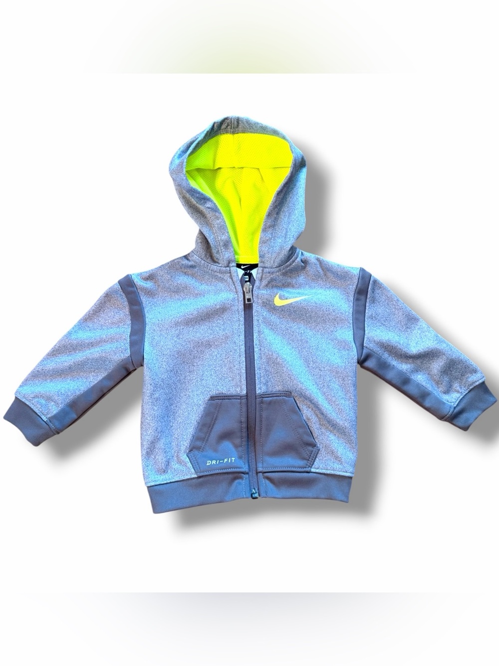 Nike Gray Hooded Full Zip Jacket with Neon Yellow Lining Size 9 months Sporty